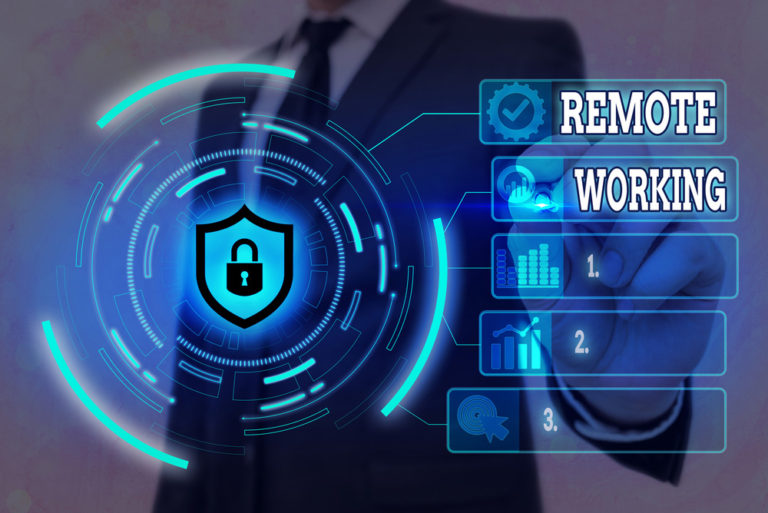 Word writing text Remote Working. Business concept for style that allows professionals to work outside of an office Graphics padlock for web data information security application system