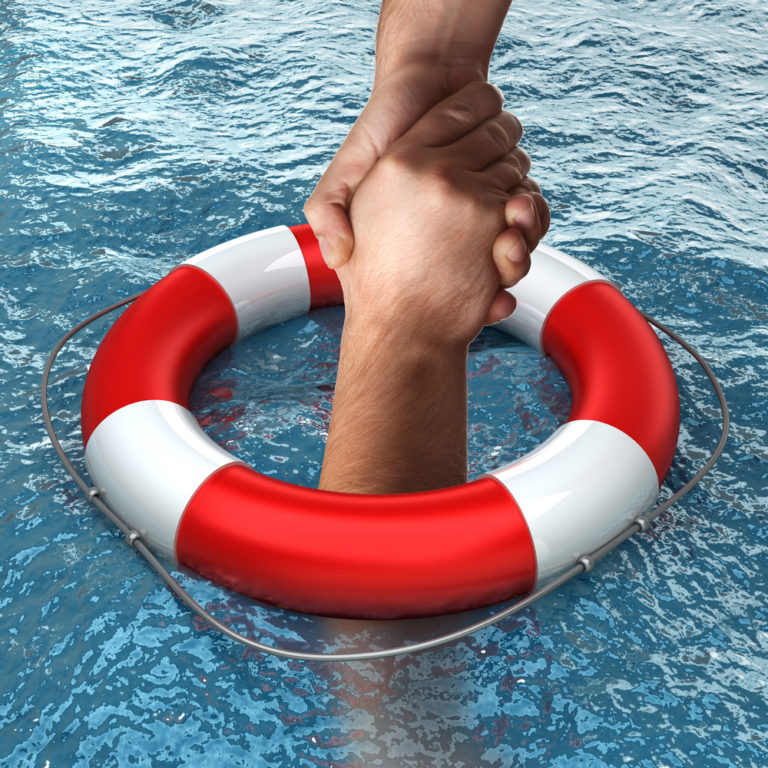 Business concept Red life buoy with hands in the water High resolution