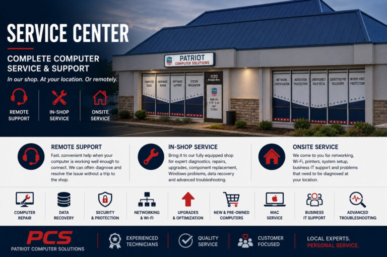 Service center storefront with Patriot Computer Solutions signage and icons for remote, in-shop, and onsite support, banner style image.