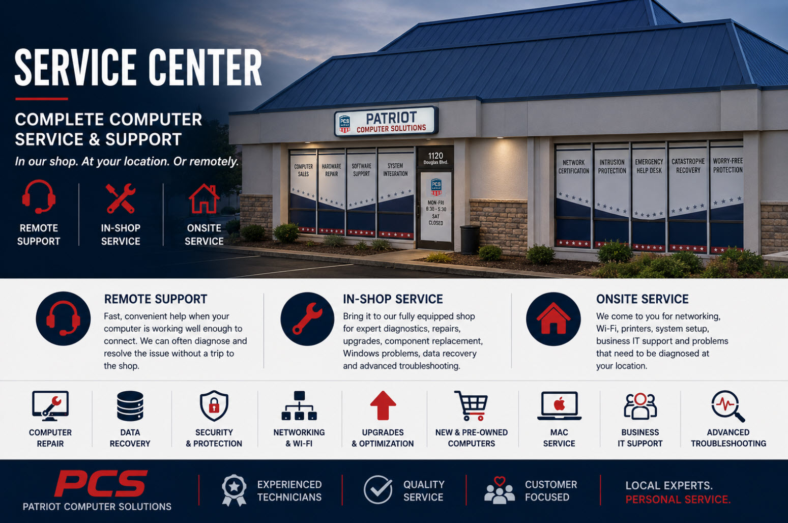 Service center storefront with Patriot Computer Solutions signage and icons for remote, in-shop, and onsite support, banner style image.